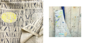 The Whisper Gallery Textile Designer Lizzie Weir, Linen collection of muted-shades-bright-bold-colours-beginning-bubbling-changing are printed onto linen cushions, linen tea towels &aprons.