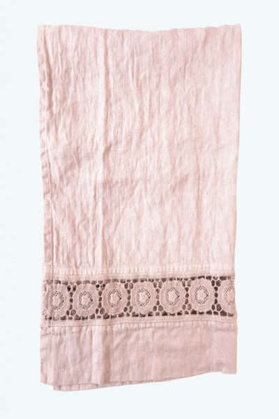 Washed Linen Sugar Rose Towel, hand finished floral motifs from the Renaissance town of Carpi, south of Verona & North of Florence.