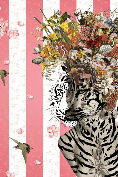 Animal Attraction Suki. This is eye-popping Pop Art and around the heads of this tiger is a happy confusion of exotic birds and flowers.